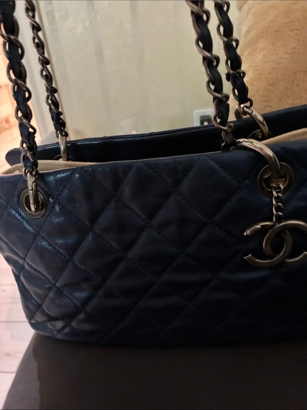 CHANEL Quilted Navy Leather Shoulder Bag with silver CC Charm